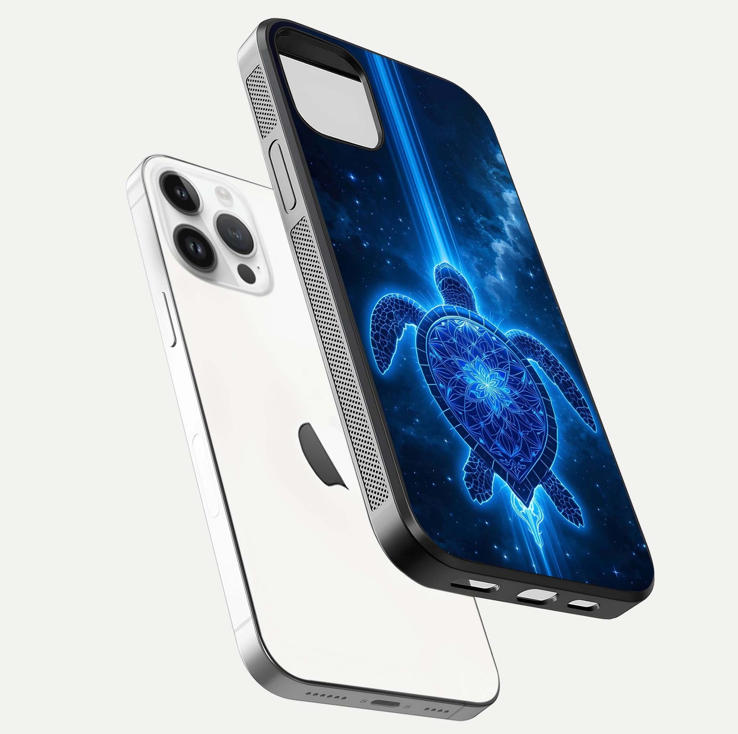 Blue Galaxy Turtle Glass Case for iPhone 16 Pro floating dual-mockup showing gloss depth and color transitions