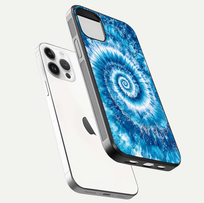 Blue Galaxy Wave Glass Case for iPhone 14 Pro floating mockup revealing cosmic depth and curved-edge texture