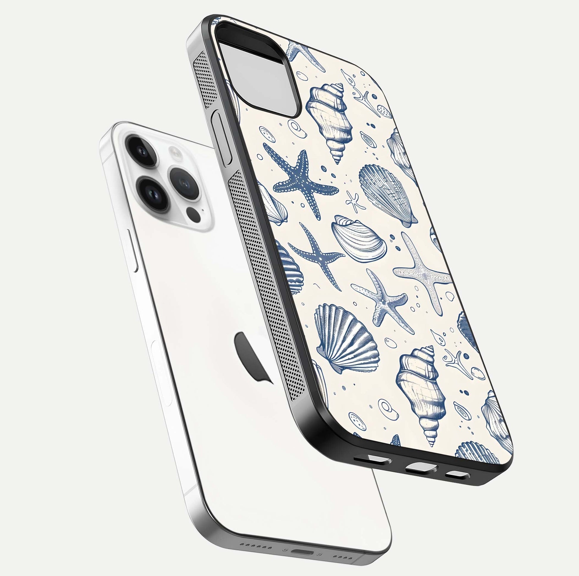 Blue Ocean Outline Glass Case for iPhone 16 Pro floating mockup displaying marine-inspired aesthetic and smooth surface