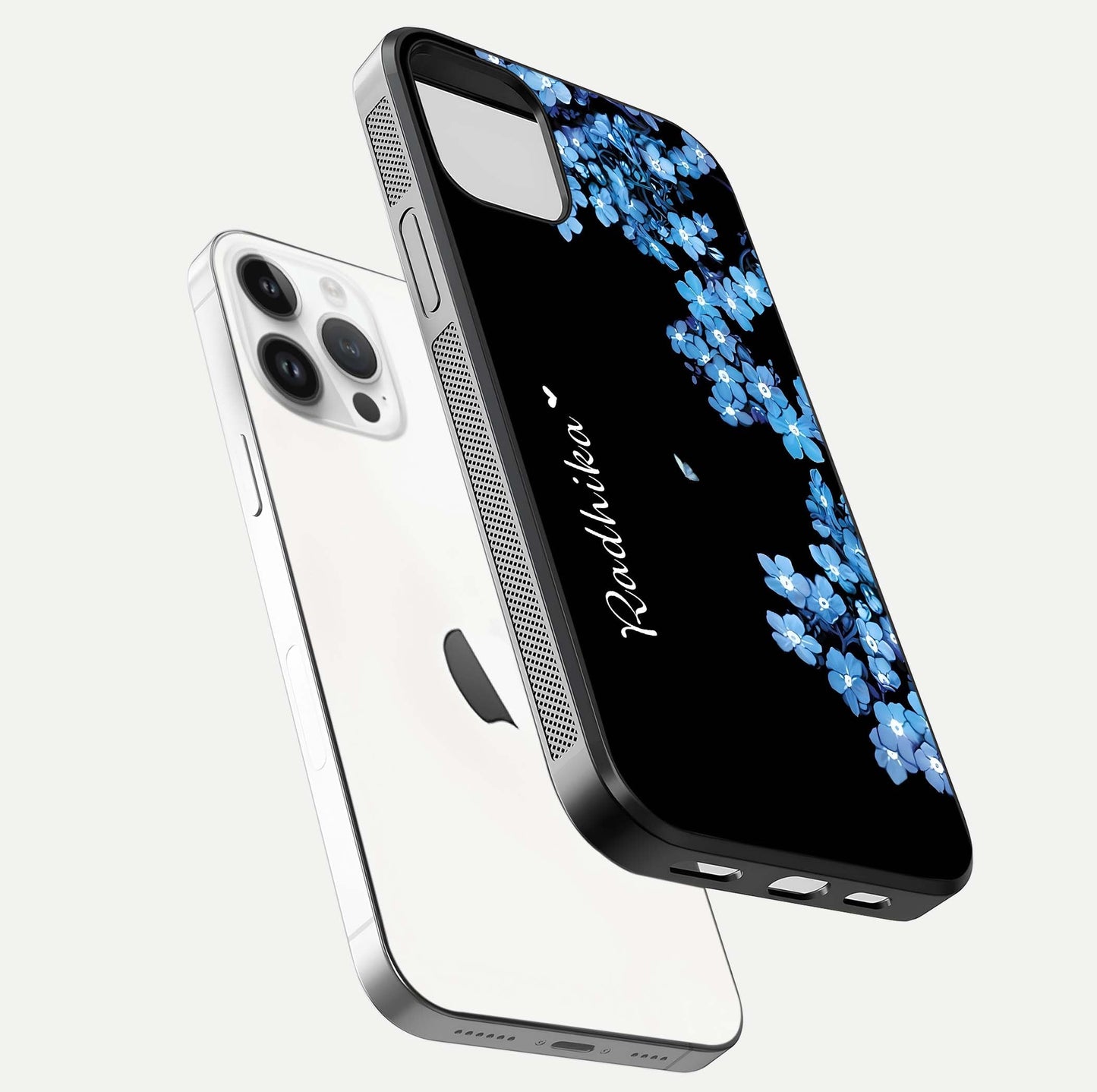 Blue Petal Dream Custom Name Glass Case for iPhone 14 Pro floating mockup capturing floral tones and glass shine