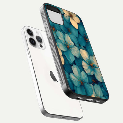 Blue Shade Floral Glass Case for iPhone 14 Pro floating mockup revealing gloss highlight and floral depth