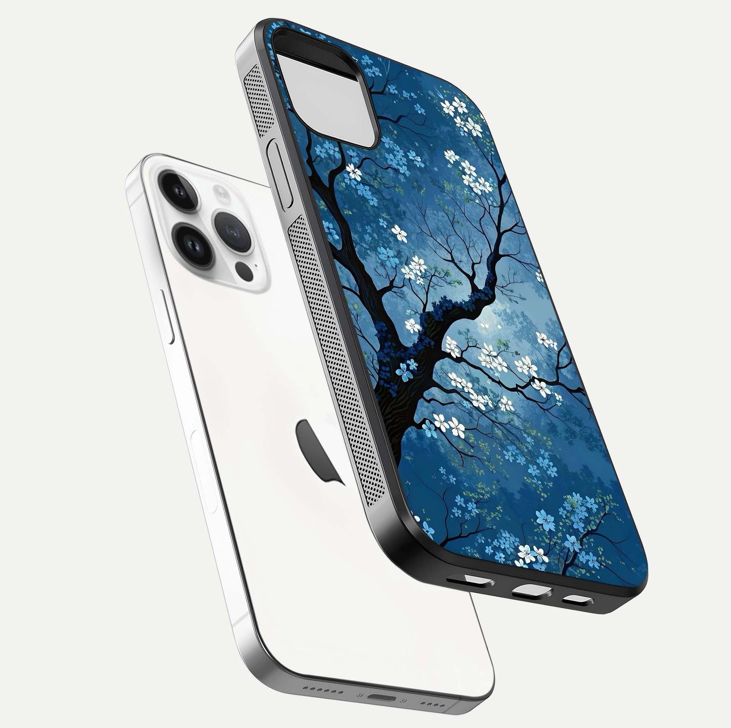 Blue Tree Serenity Glass Case for iPhone 14 Pro floating mockup displaying serene tones and HD glass polish