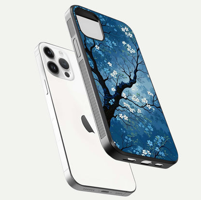 Blue Tree Serenity Glass Case for iPhone 14 Pro floating mockup displaying serene tones and HD glass polish