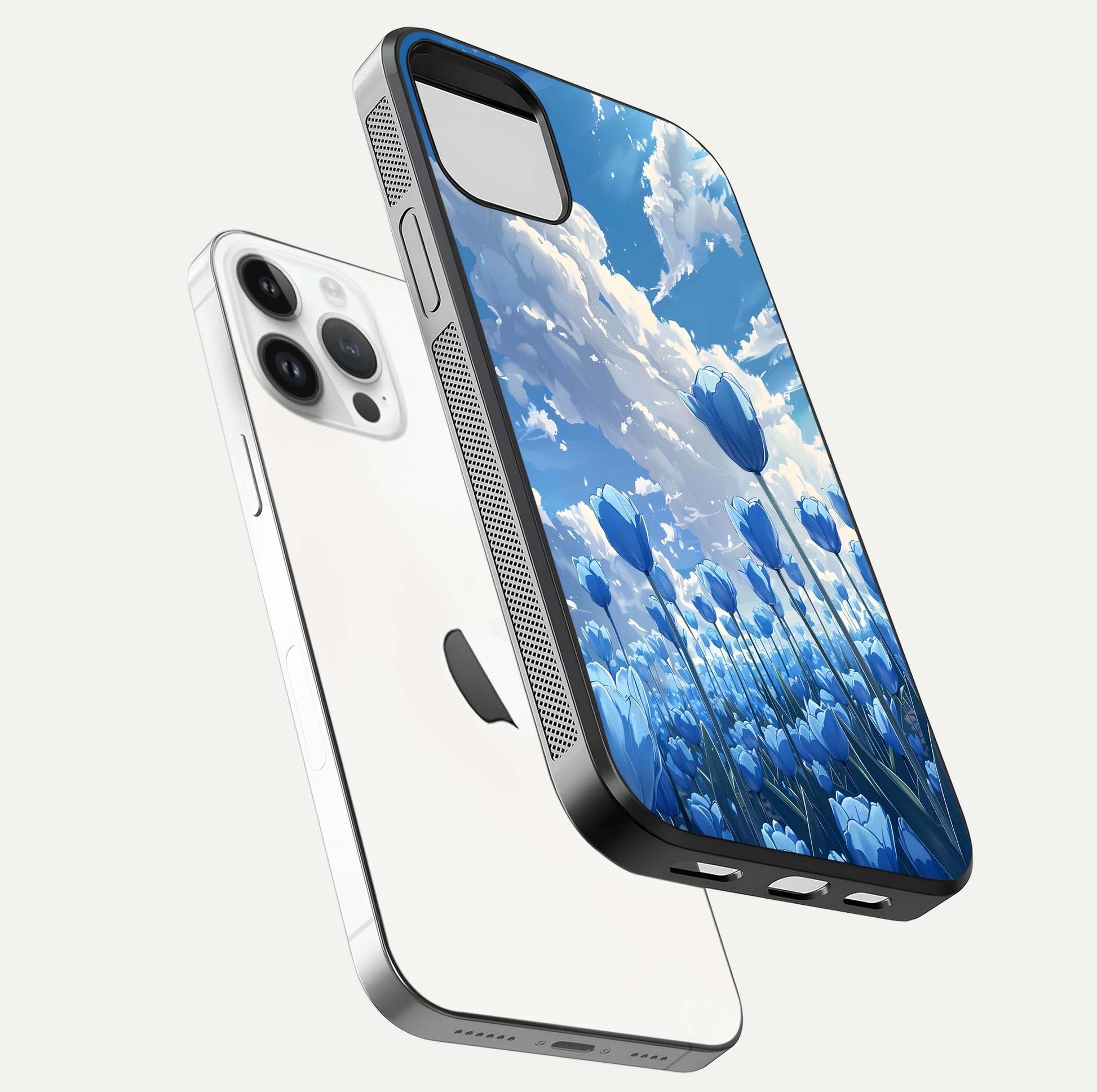 Blue Tulip Clouds Glass Case for iPhone 16 Pro floating mockup displaying tulip-cloud fusion art and smooth glass gloss