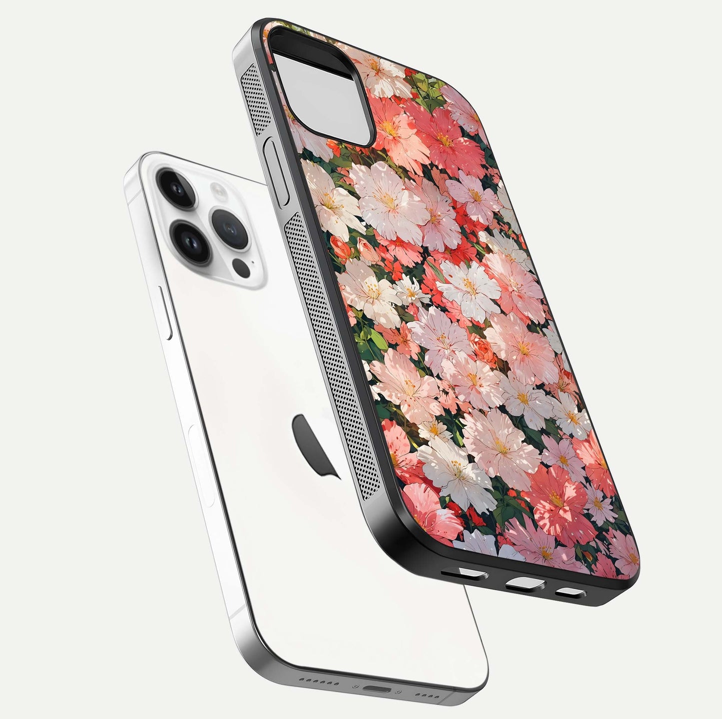 Blush Bloom Field Glass Case for iPhone 14 Pro floating mockup highlighting floral spread and edge reflection