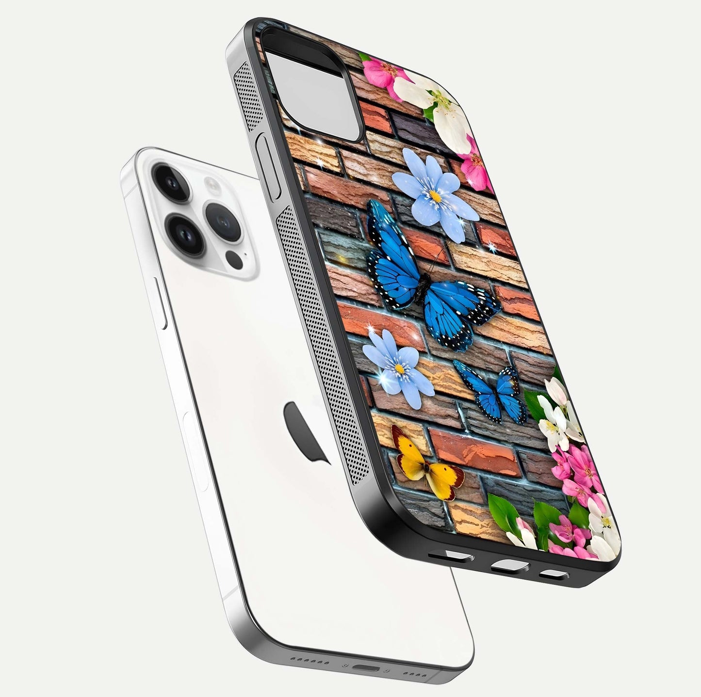 Brick Bloom Flight Glass Case for iPhone 14 Pro floating mockup displaying gloss reflection and pattern vibrancy