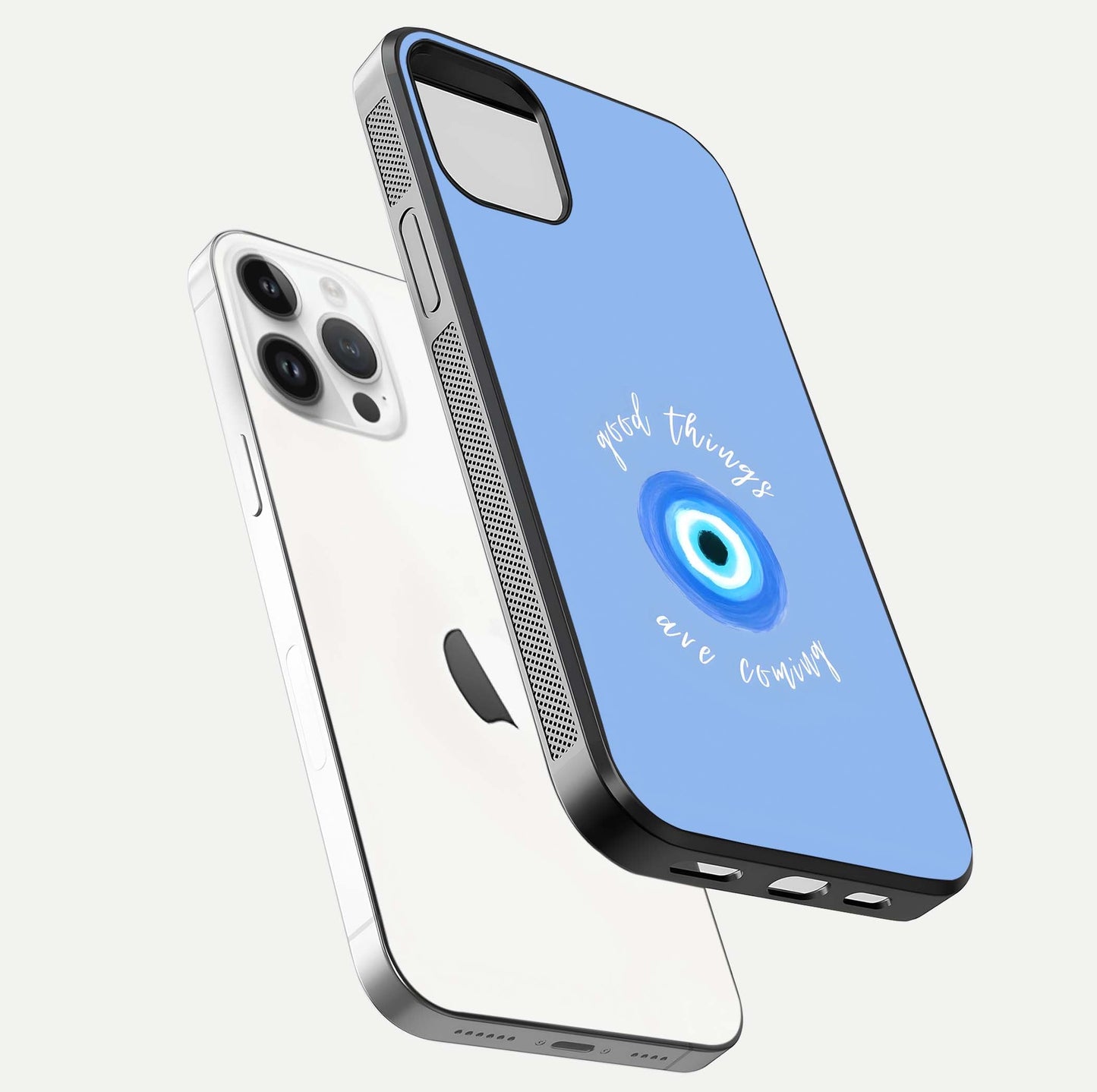 Bright Future Ahead Glass Case for iPhone 14 Pro floating mockup showing sleek design and positive quote print