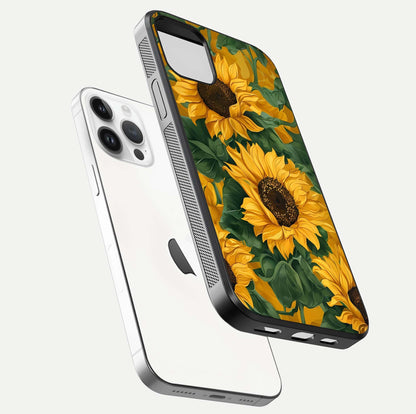 Bright Sunflower Bloom Glass Case for iPhone 14 Pro floating mockup capturing vibrant tones and gloss surface
