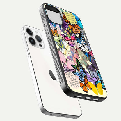 Butterflies Petal Dream Glass Case for iPhone 14 Pro floating mockup displaying detailed print and premium glass glow