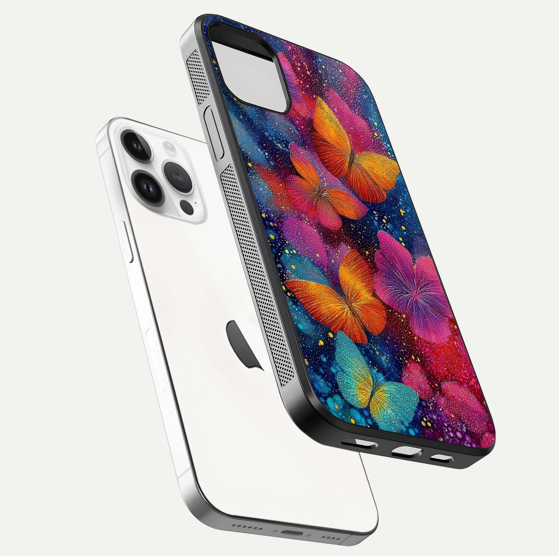 Butterfly Dream Mist Glass Case for iPhone 14 Pro floating mockup displaying glass shine and ethereal art depth