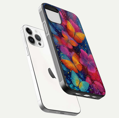 Butterfly Dream Mist Glass Case for iPhone 14 Pro floating mockup displaying glass shine and ethereal art depth