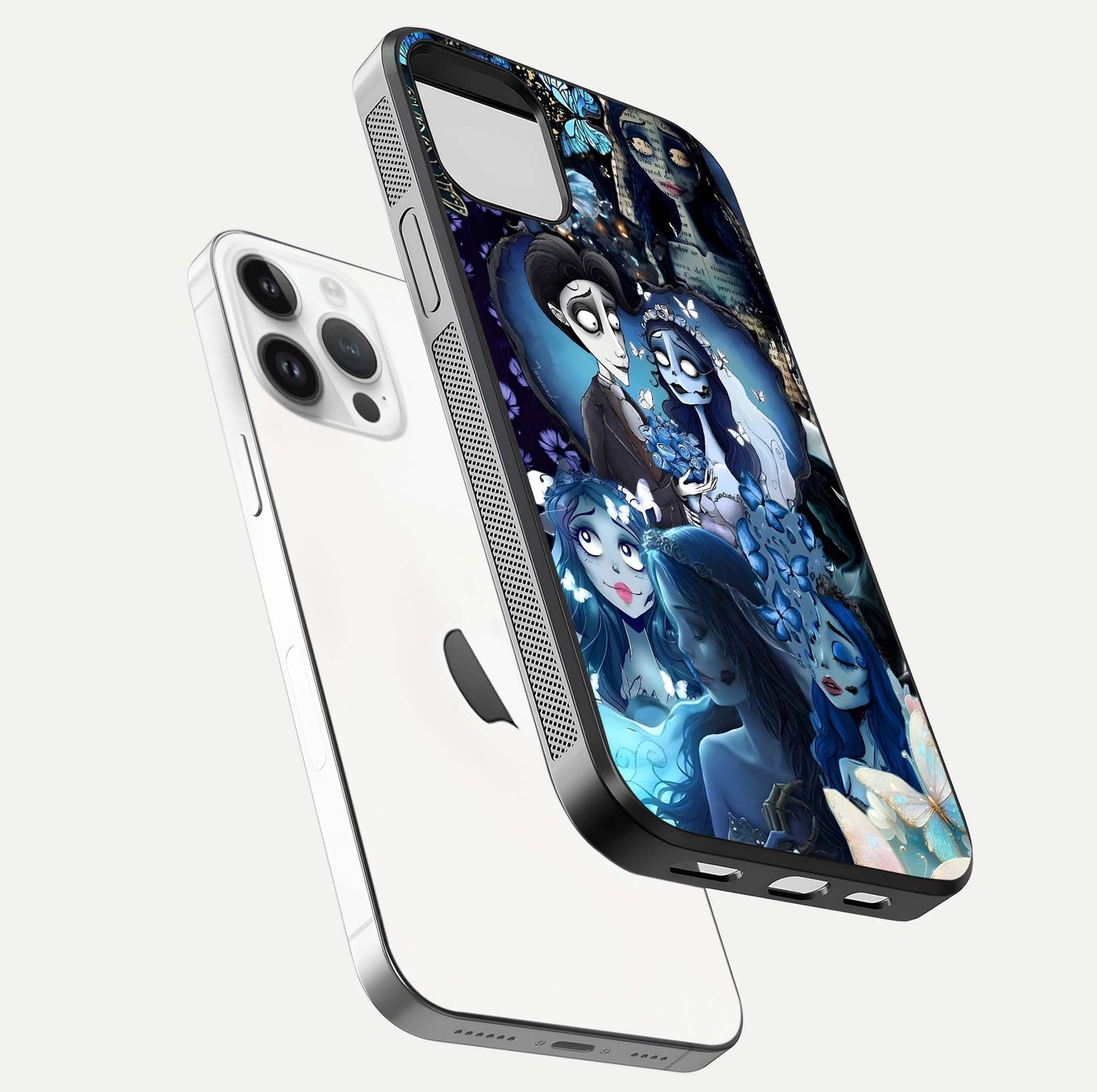 Butterfly Ghost Soul Glass Case for iPhone 14 Pro floating mockup showcasing spirit-like butterfly detail and gloss