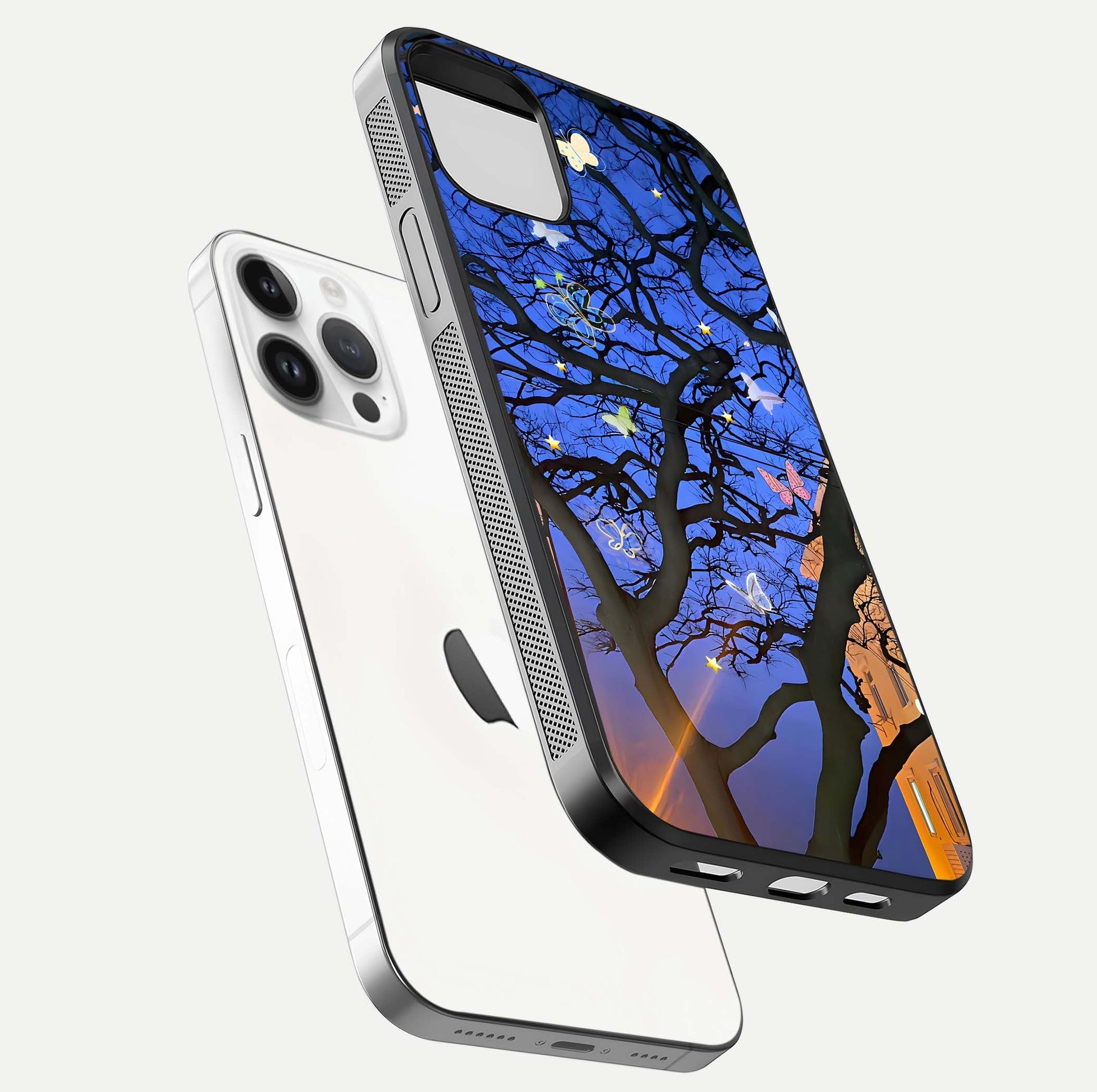 Butterfly Night Magic Glass Case for iPhone 14 Pro floating mockup showing night glow and smooth polish