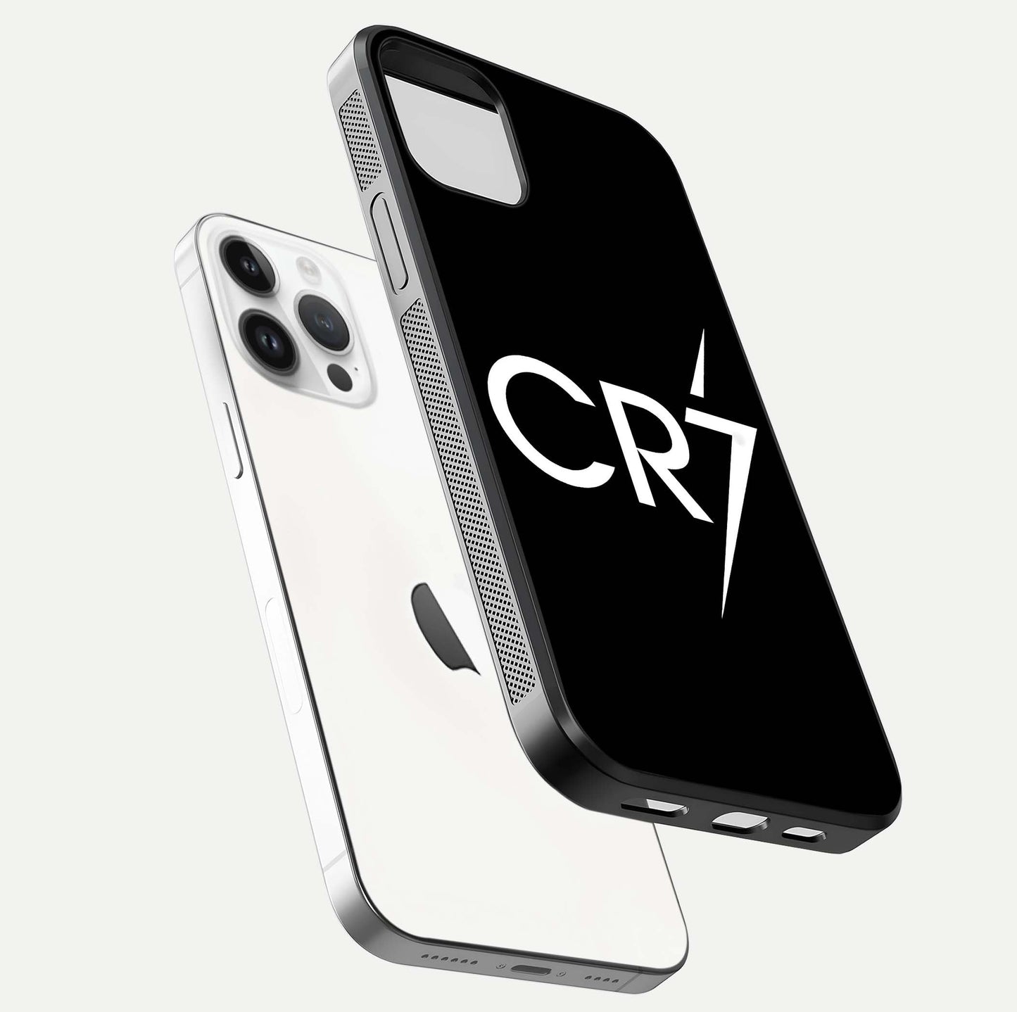 CR7 Elite Strike Glass Case for iPhone 14 Pro floating mockup displaying HD gloss and sporty texture