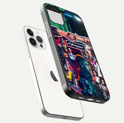 CYBERPUNK Legacy Glass Case for iPhone 14 Pro floating mockup showing HD gloss and neon glow detail