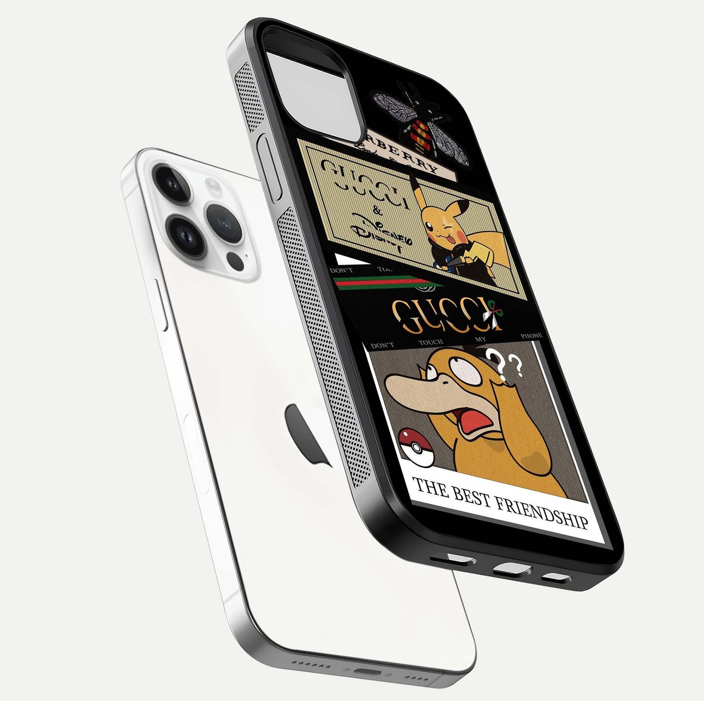 Cartoon Brand Play Mashup Glass Case for iPhone 14 Pro floating dual-view mockup showing gloss surface and vivid reflection