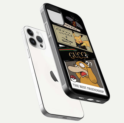 Cartoon Brand Play Mashup Glass Case for iPhone 14 Pro floating dual-view mockup showing gloss surface and vivid reflection