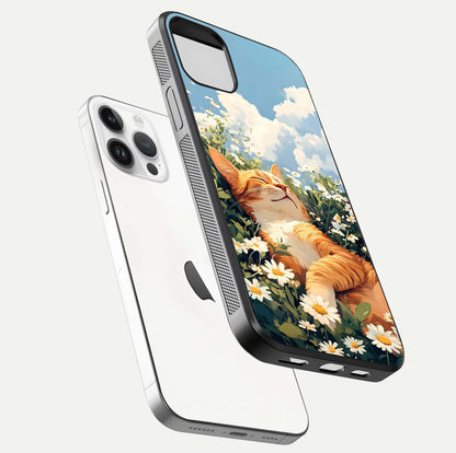 Cat & Flowers View Glass Case for iPhone 14 Pro floating mockup showing design reflection and protective edges
