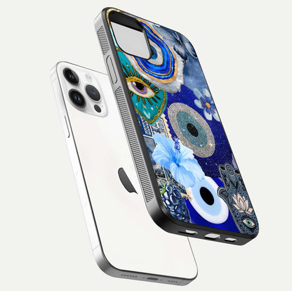 Celestial Blue Vision Glass Case for iPhone 14 Pro floating mockup showing gloss depth and night-sky pattern
