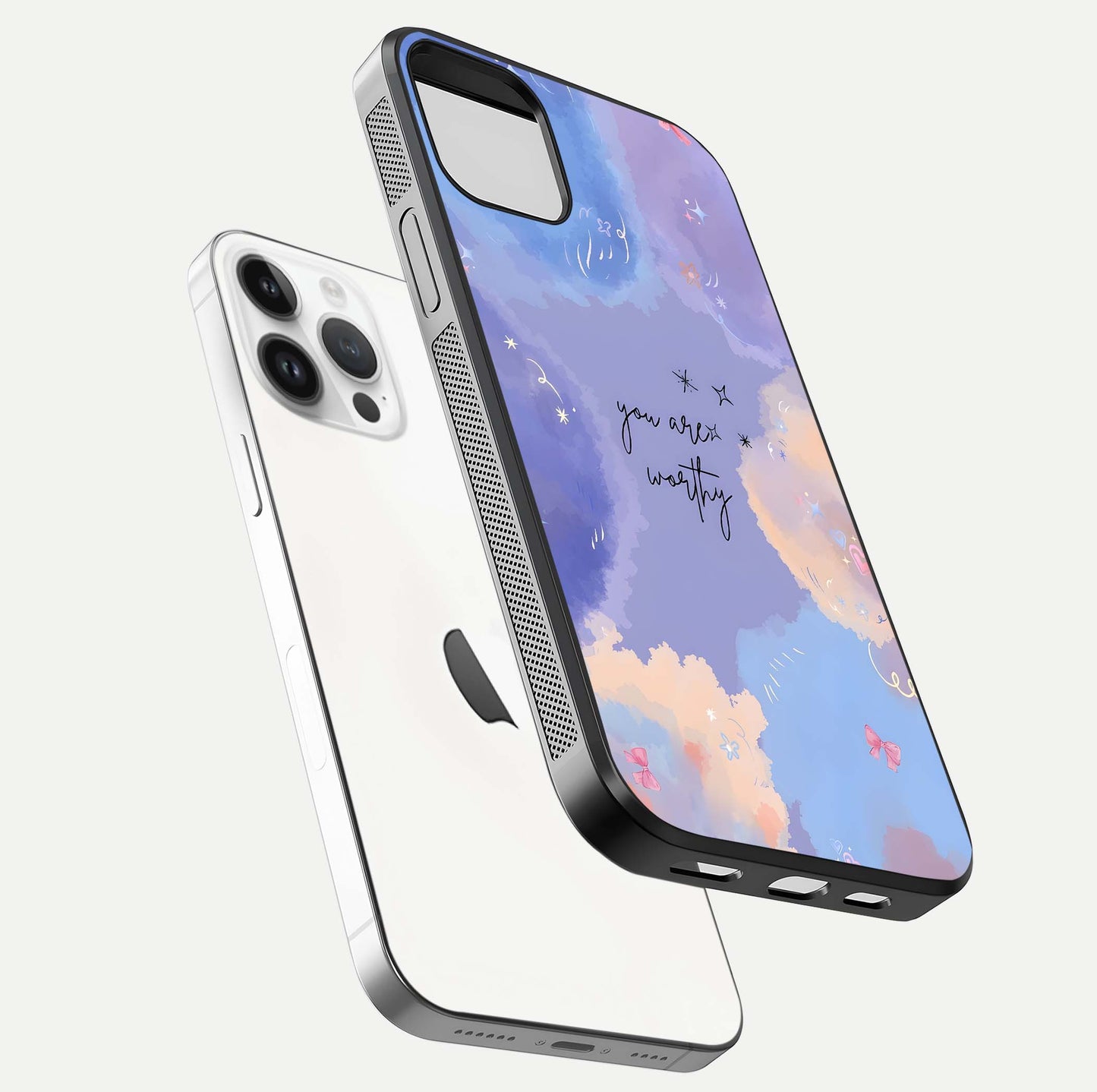 Celestial Cloud Magic Glass Case for iPhone 14 Pro floating mockup displaying cloud aura and HD finish