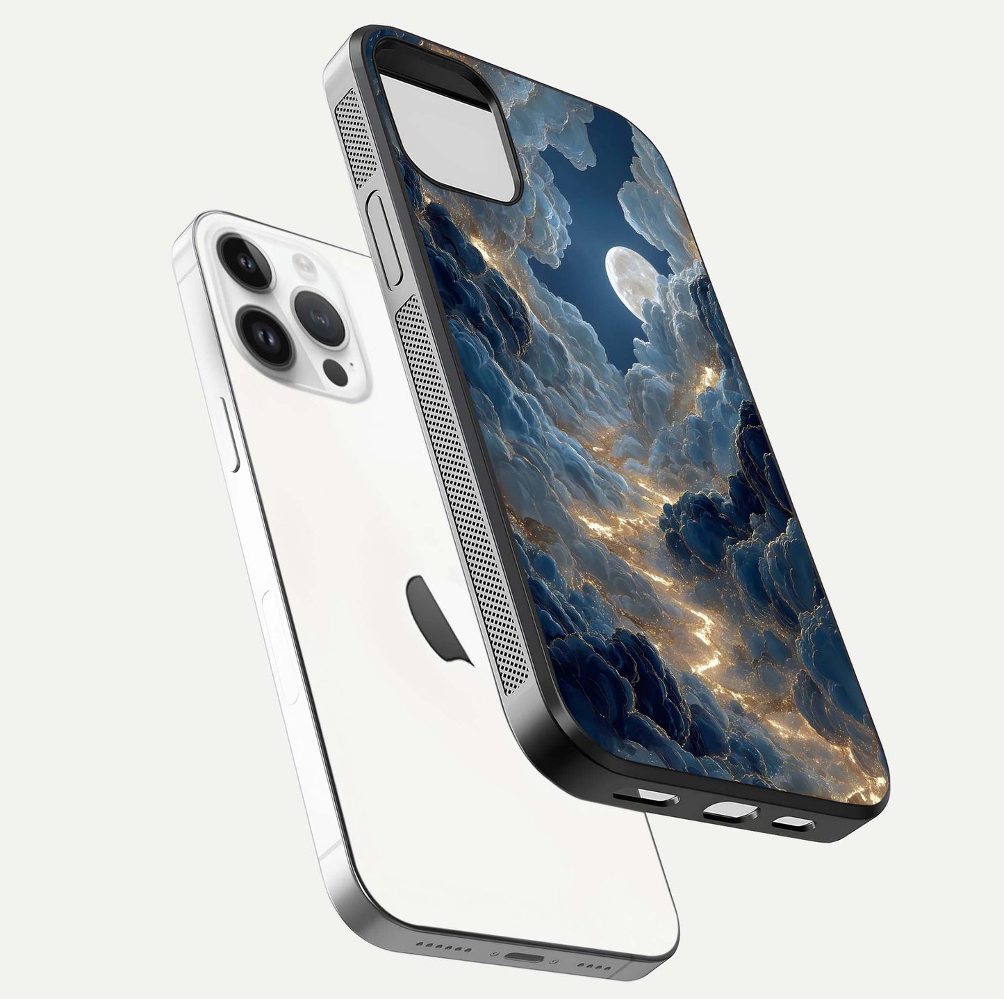 Celestial Cloud Road Glass Case for iPhone 14 Pro floating mockup capturing glowing horizon and HD gloss