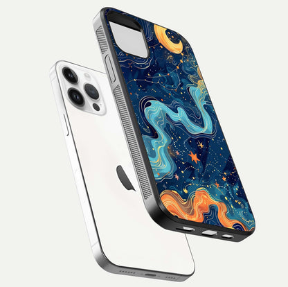 Celestial Dream Flow Glass Case for iPhone 14 Pro floating mockup displaying gloss shimmer and artistic composition