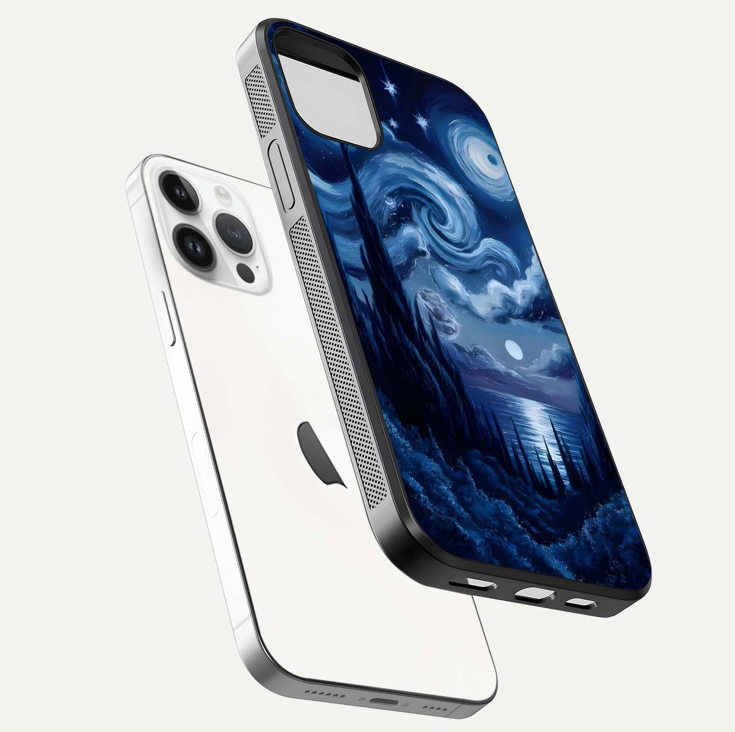 Celestial Dream Van Gogh Glass Case for iPhone 14 Pro floating mockup highlighting cosmic tones and smooth gloss