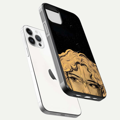 Celestial God’s Plan Glass Case for iPhone 14 Pro floating dual-view mockup displaying gloss surface and vivid print