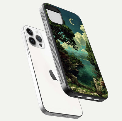 Celestial Lake Peace Glass Case for iPhone 14 Pro floating mockup capturing calm tones and smooth polish