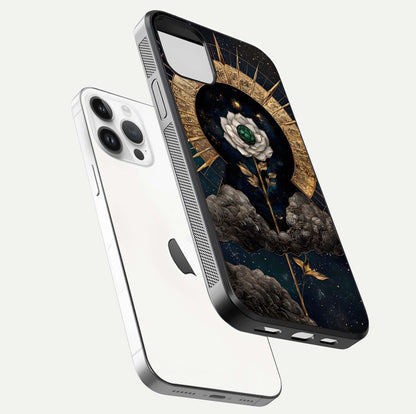 Celestial Lotus Morang Glass Case for iPhone 14 Pro floating mockup showing gloss depth and cosmic lotus glow