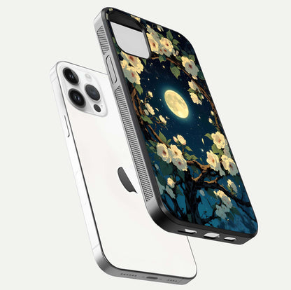 Celestial Moon & Flower Glass Case for iPhone 14 Pro floating mockup emphasizing HD shine and delicate texture