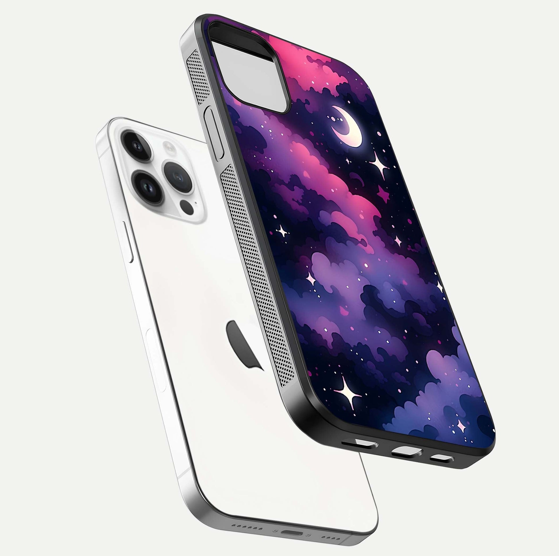 Celestial Moon Magic Glass Case for iPhone 14 Pro floating mockup showing reflection gradient and smooth polish