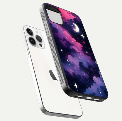 Celestial Moon Magic Glass Case for iPhone 14 Pro floating mockup showing reflection gradient and smooth polish