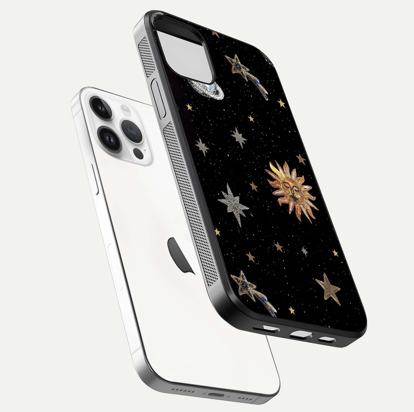 Celestial Moon With Stars Glass Case for iPhone 14 Pro floating mockup emphasizing star depth and gloss clarity