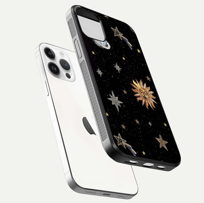 Celestial Moon With Stars Glass Case for iPhone 14 Pro floating mockup emphasizing star depth and gloss clarity