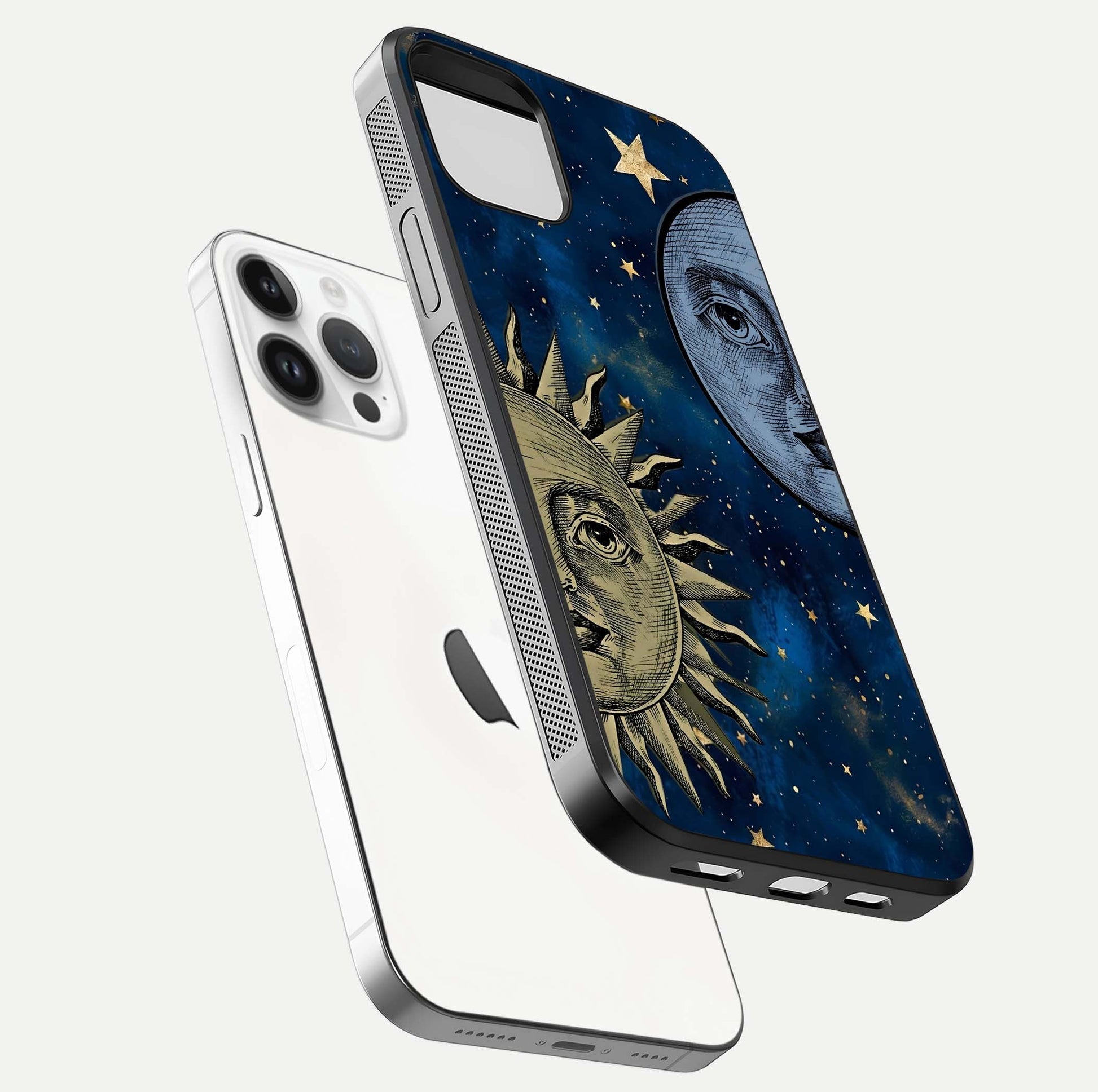 Celestial Moon With Sun Glass Case for iPhone 14 Pro floating mockup displaying vibrant contrast and HD gloss