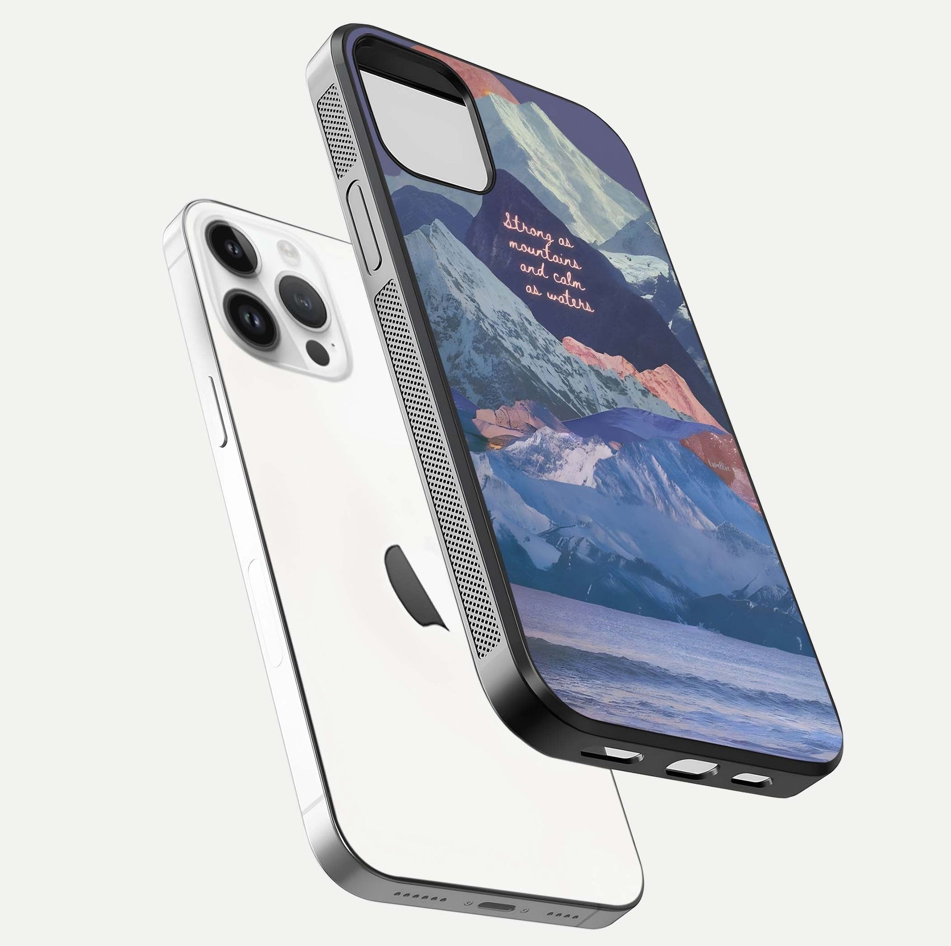 Celestial Mountain Calm Glass Case for iPhone 14 Pro floating mockup showing glow depth and polished edges