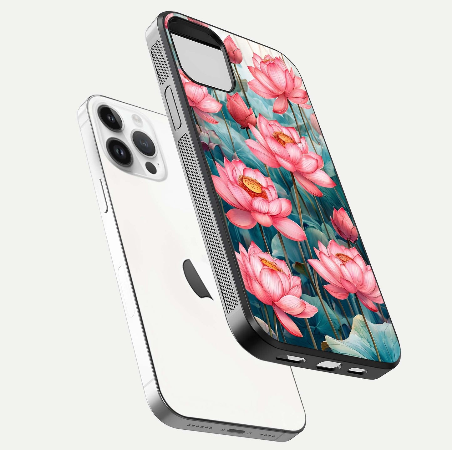 Celestial Pink Lotus Glass Case for iPhone 14 Pro floating mockup displaying cosmic tone and gloss surface