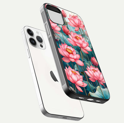 Celestial Pink Lotus Glass Case for iPhone 14 Pro floating mockup displaying cosmic tone and gloss surface