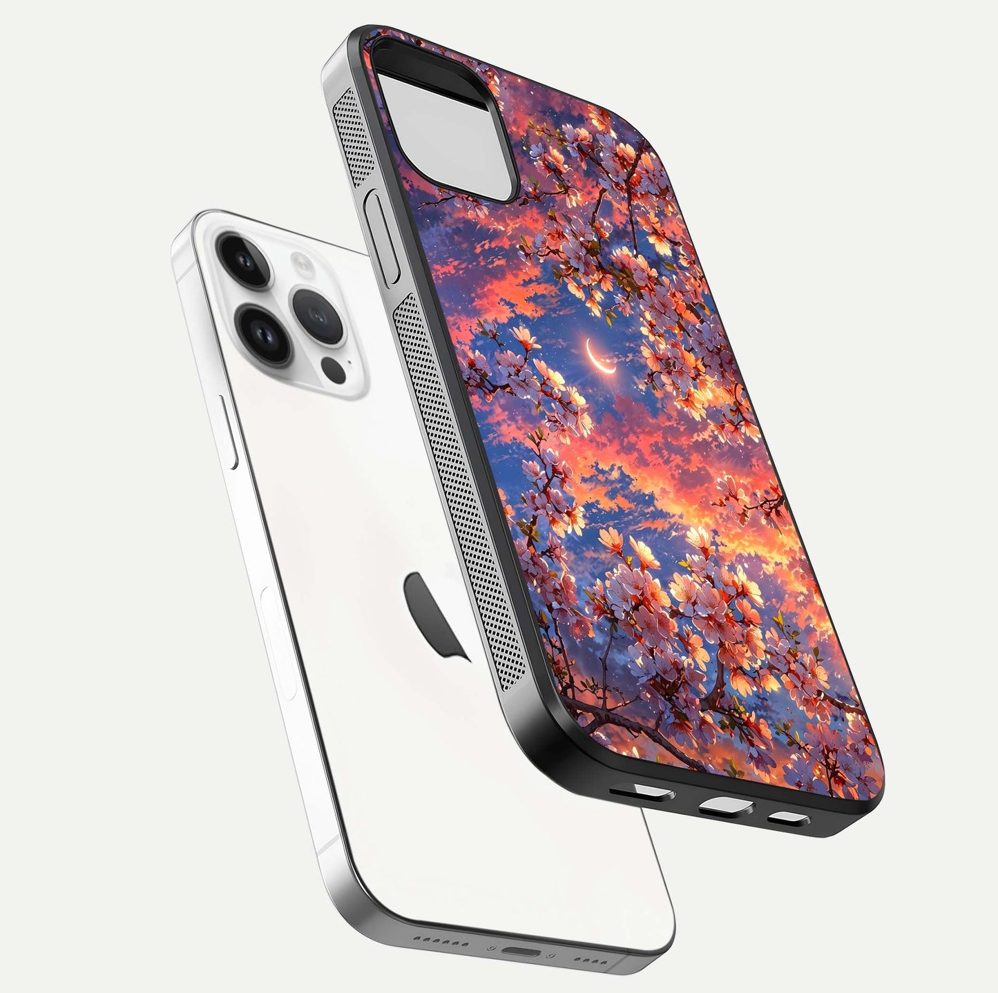 Celestial Sakura Sunset Glass Case for iPhone 14 Pro floating mockup capturing sunset hue and smooth gloss