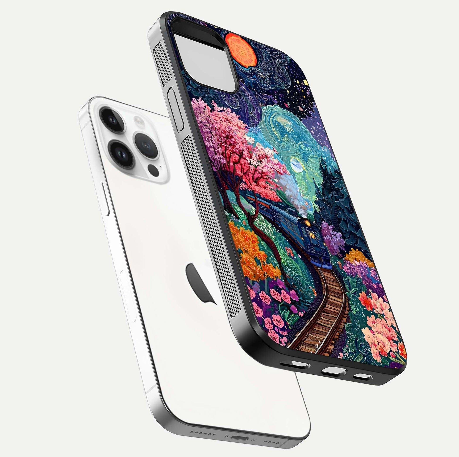 Celestial Train Journey Glass Case for iPhone 14 Pro floating mockup capturing gloss reflection and deep night hues