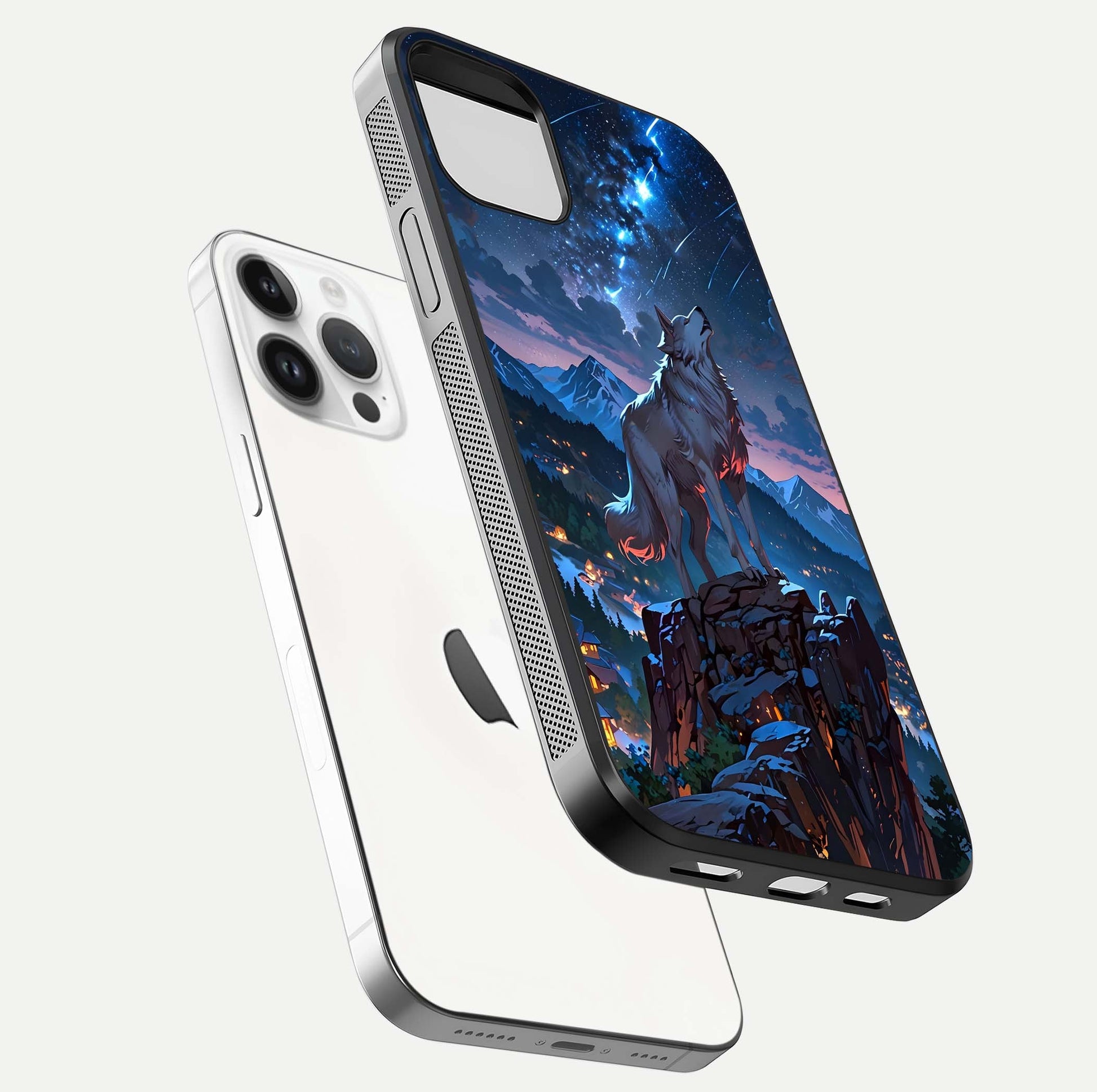 Celestial Wolf Howl Glass Case for iPhone 14 Pro floating mockup capturing reflection depth and silver gloss