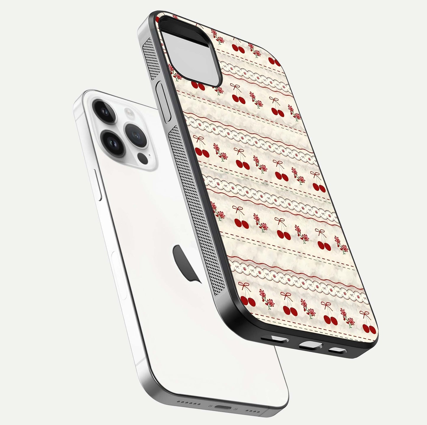 Cherry Bloom Charm Glass Case for iPhone 14 Pro floating mockup showing bloom texture and polished gloss