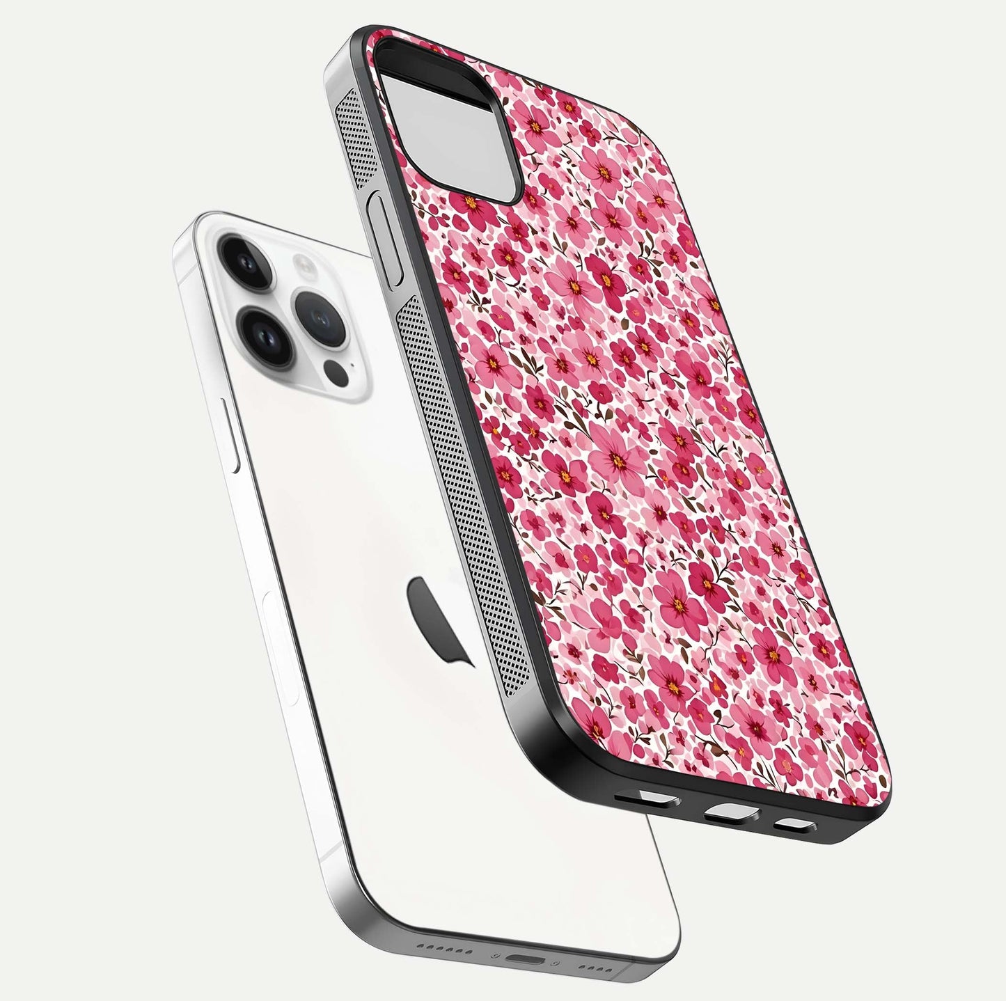 Cherry Blossom Charm Glass Case for iPhone 14 Pro floating mockup displaying pink tone flow and polished edges