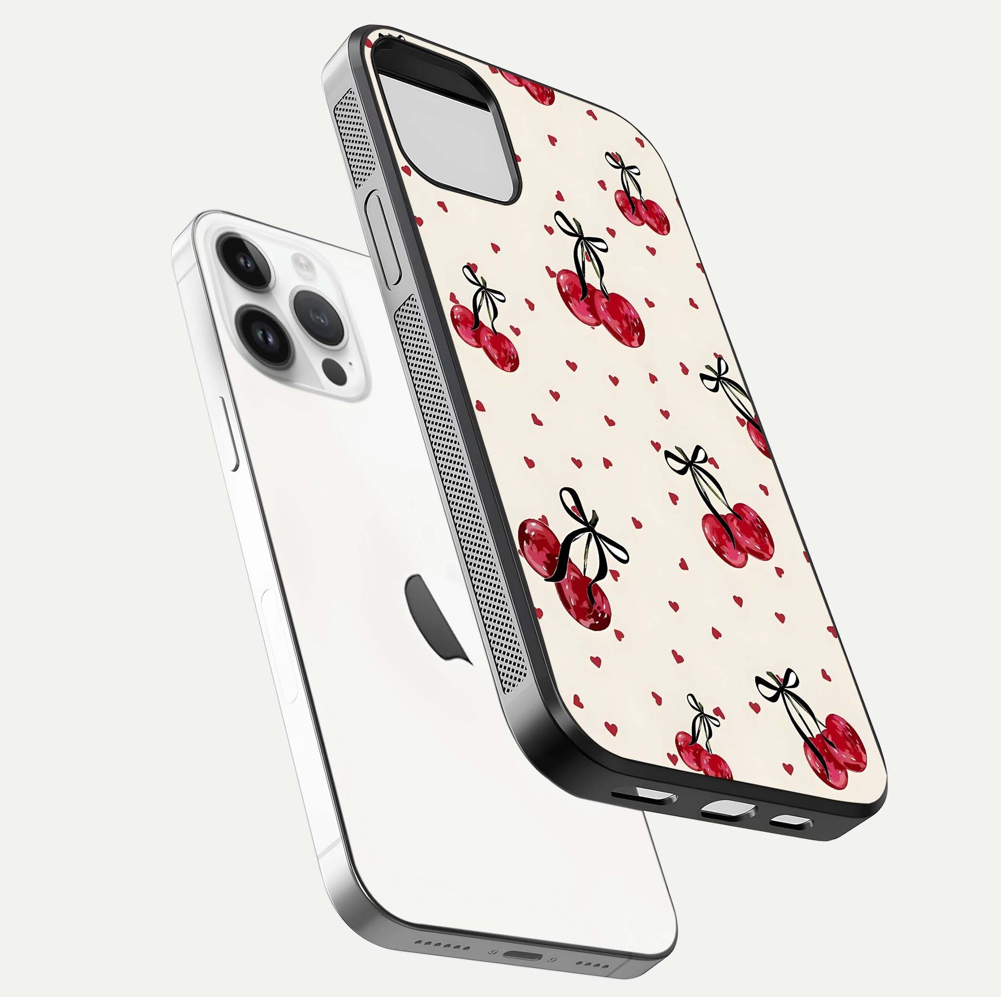 Cherry Heart Bow Glass Case for iPhone 14 Pro floating mockup showing reflection and HD print detail