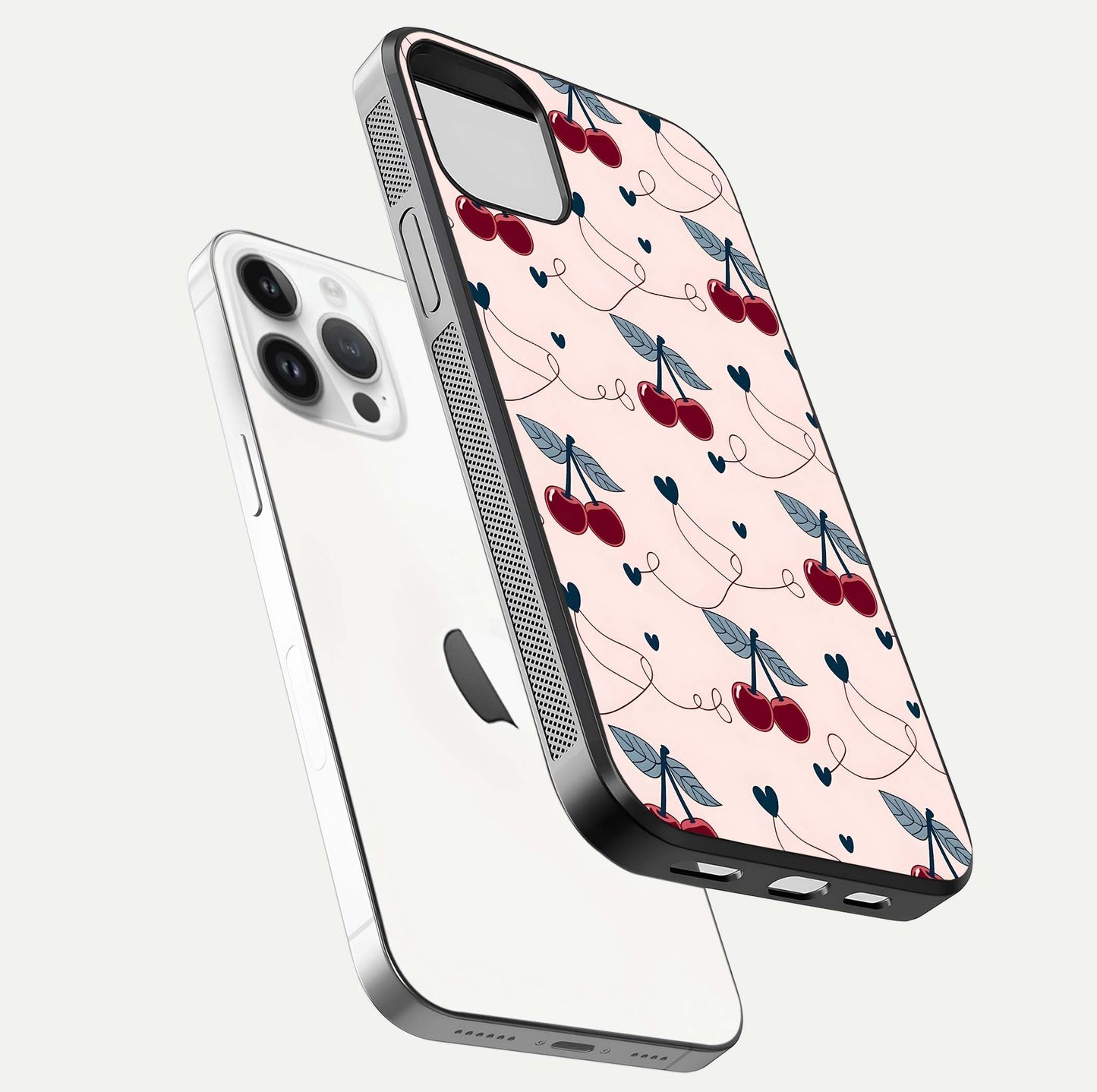 Cherry Heart Line Glass Case for iPhone 14 Pro floating mockup showing gloss polish and bright tones