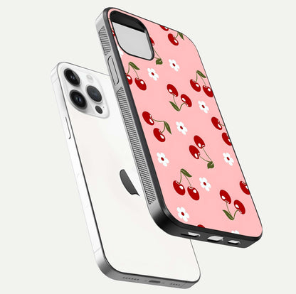 Cherry Love Mood Glass Case for iPhone 14 Pro floating mockup showing HD gloss reflection and red tones