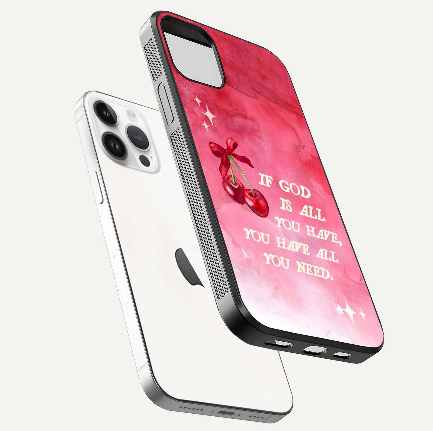 Cherry Quote Glass Case for iPhone 14 Pro floating mockup capturing shine texture and clear typography