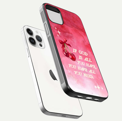 Cherry Quote Glass Case for iPhone 14 Pro floating mockup capturing shine texture and clear typography