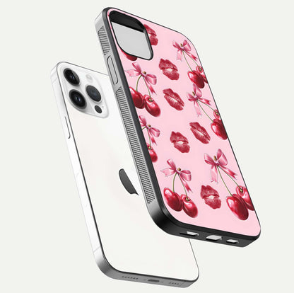 Cherry With Lips Glass Case for iPhone 14 Pro floating mockup showing HD gloss and pop-art inspired tones